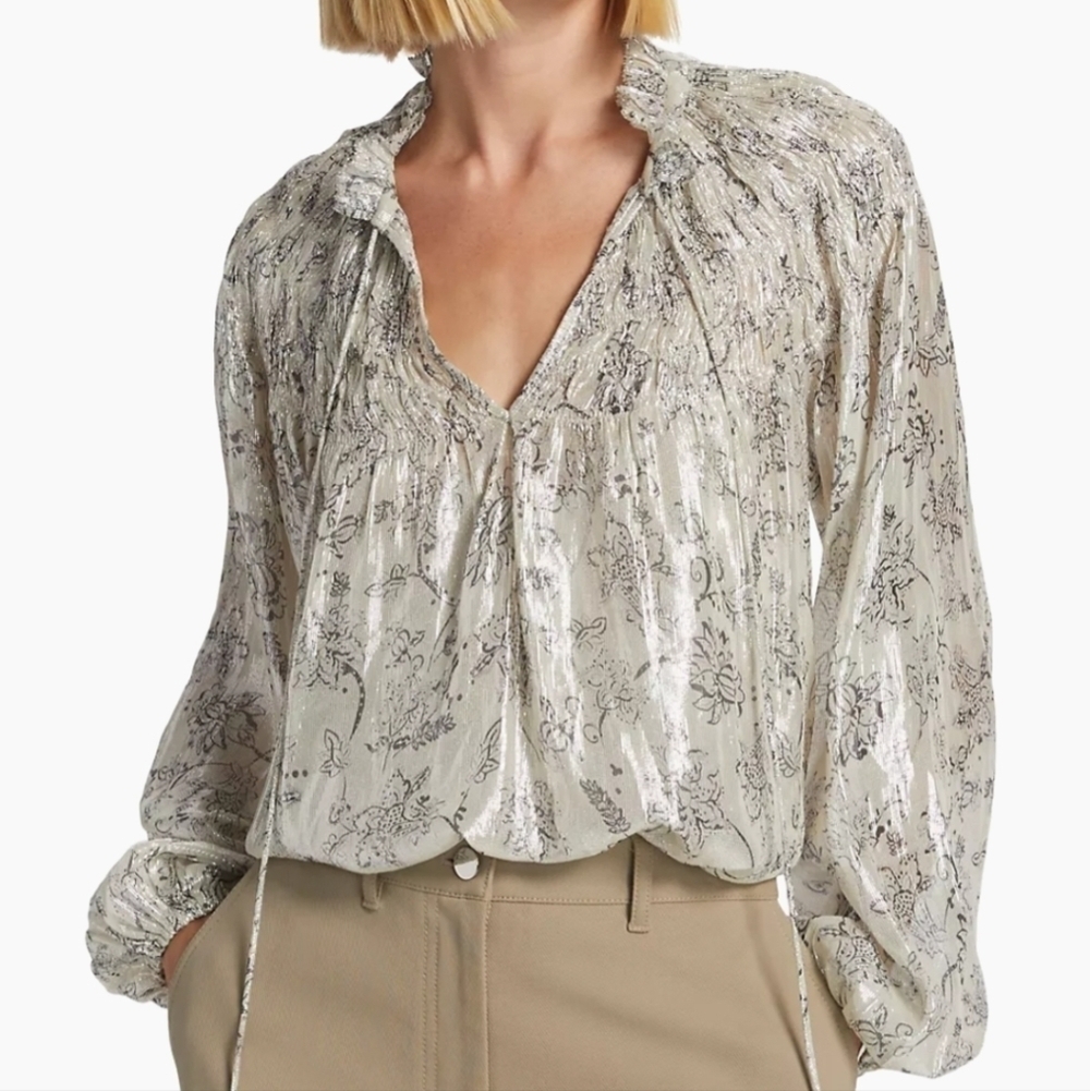 Revolve X Love Label Meredith Smocked metallic peasant blouse balloon sleeves XL